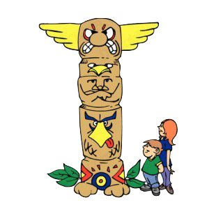 Boy and girl looking at totem pole listed in symbols and history decals.