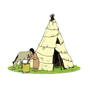 Native American teepee with woman and horse listed in symbols and history decals.