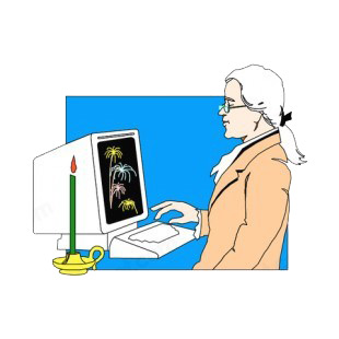 Native American Thomas Jefferson typing on computer listed in symbols and history decals.