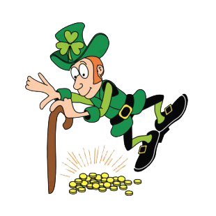 Leprechaun with cane dancing around gold listed in saint patrick's day decals.