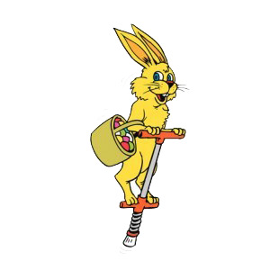 Yellow bunny on pogo stick with egg basket listed in easter decals.