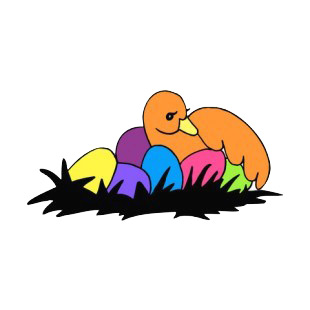 Orange duck with multi colored eggs listed in easter decals.