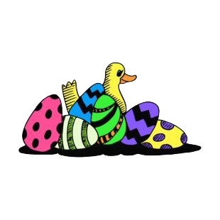 Yellow duck with multi colored eggs listed in easter decals.