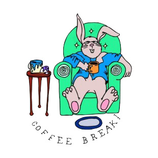 Bunny laying on couch with Coffee Break writing listed in easter decals.