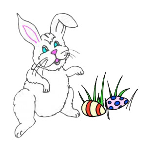 White bunny with easter eggs laying on the grass listed in easter decals.
