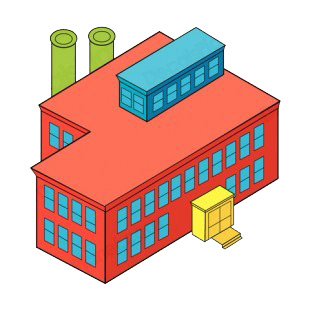 Blue and red factory with green chimneys listed in buildings decals.