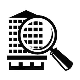 Real estate magnifying glass and building listed in buildings decals.