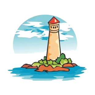 Lighthouse with trees and rocks next to water listed in buildings decals.