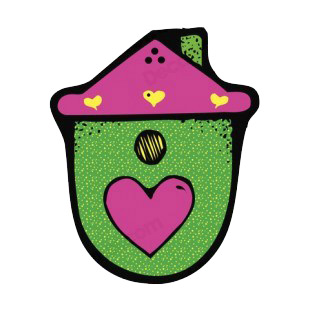 Green and purple with heart shaped hole birdhouse listed in buildings decals.