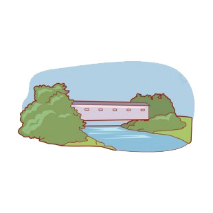 Blue covered bridge with river under and bushes around listed in buildings decals.