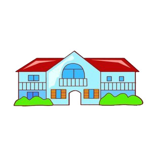 Blue house with red roof and large windows listed in buildings decals.