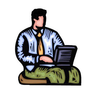 Men with laptop on his knees working listed in business decals.