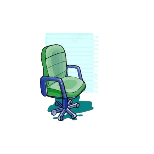 Green and blue armchair on wheels listed in business decals.