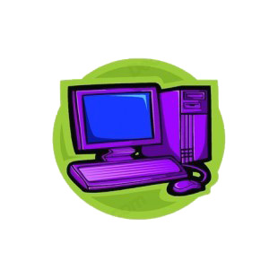 Purple computer monitor with tower and keyboard listed in business decals.