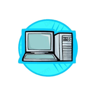 Computer monitor with tower and keyboard listed in business decals.