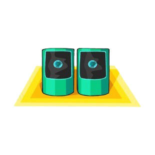 Green computer speakers listed in business decals.