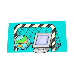 Glove with monitor and goal net internet communication listed in business decals.