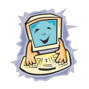 Computer monitor smiling and typing on keyboard listed in business decals.