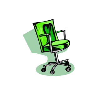 Green armchair on wheels listed in business decals.