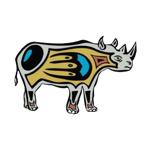 Rhinoceros with blue and yellow drawing figure listed in figures and artifacts decals.