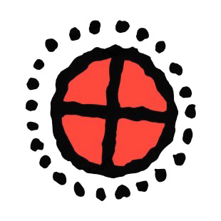 Black and red circle with cross design listed in figures and artifacts decals.
