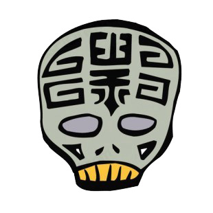 Brown and yellow mask with black drawing listed in figures and artifacts decals.