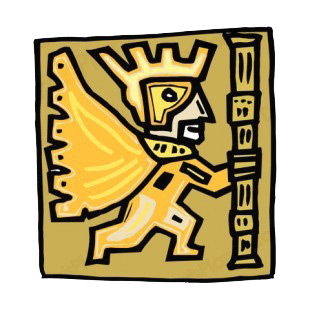 Man in yellow bird costume with column figure listed in figures and artifacts decals.