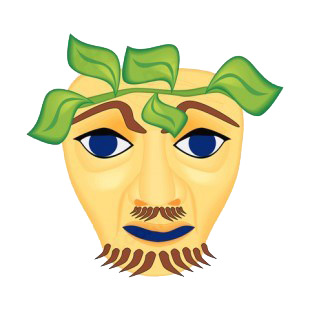 Chinese man with leaf crown and brown mustache mask listed in figures and artifacts decals.