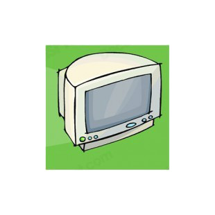 White CRT monitor listed in business decals.