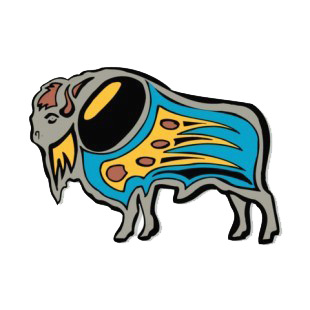 Grey buffalo with blue brown and yellow drawing listed in figures and artifacts decals.