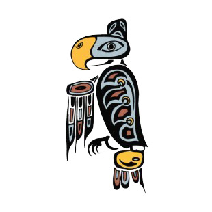Blue and yellow eagle with brown and black drawing listed in figures and artifacts decals.