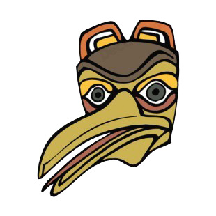 Green and brown bird with long beak mask listed in figures and artifacts decals.