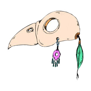 Bird skull mask with purple earring and blue feather listed in figures and artifacts decals.