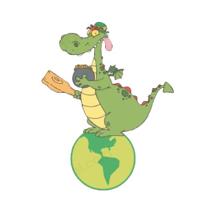 Dragon leprechaun holding pot of gold and mace on globe listed in characters decals.