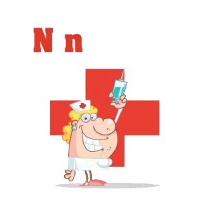 Alphabet N    smiling nurse with syringe listed in characters decals.