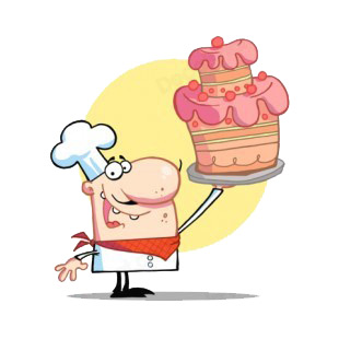 Proud chef holding up pink cake yellow backround listed in characters decals.