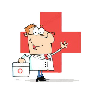 Doctor with first aid bag waving listed in characters decals.