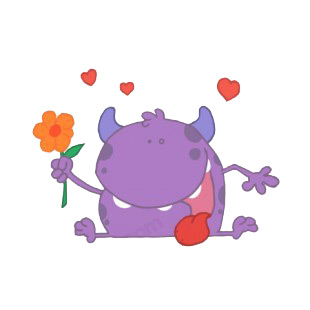 Purple monster with orange flower and hearts listed in characters decals.
