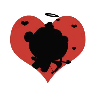 Cupid with bow and arrow flying with hearts silhouette listed in characters decals.