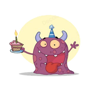 Purple monster celebrating birthday with cake listed in characters decals.