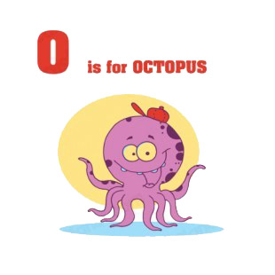 O is for Octopus  purple octopus with red hat smiling listed in characters decals.