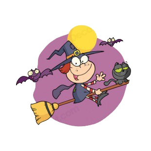 Little witch flying on broom with cat & bats listed in characters decals.