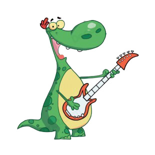 Green dinosaur playing guitar listed in characters decals.