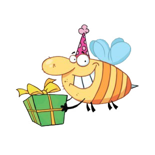 Bee with purple party hat carrying gift listed in characters decals.