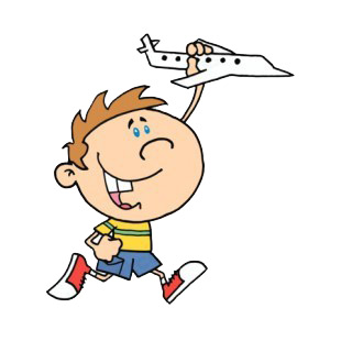 Boy holding airplane toy in his hand running listed in characters decals.
