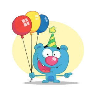 Blue bear with green party hat and balloons listed in characters decals.