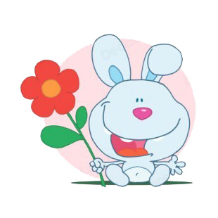 Blue bunny holding red flower   pink backround listed in characters decals.
