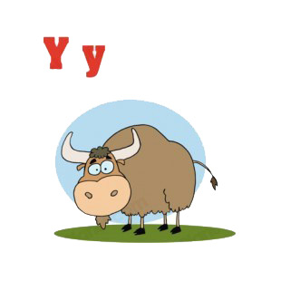 Alphabet Y  brown yak with blue backround listed in characters decals.