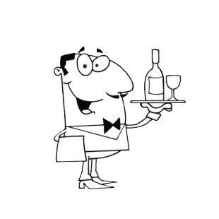 Waiter smiling holding tray with bottle of wine and glass listed in characters decals.