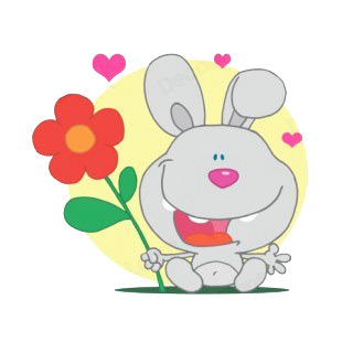 Grey bunny holding red flower and hearts around listed in characters decals.